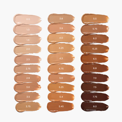 Blanc 0.5 Porcelain 1.0 Porcelain Plus 1.5 Fair 2.0 Fair Plus 2.5 Fair Golden 2.75 Fair Beige 2.9 Light 3.0 Light Plus 3.5 Light Golden 3.75 Light Medium 3.8 Light Beige 3.9 Medium 4.0 Medium Golden 4.25 Medium Plus 4.5 Medium Beige 4.75 Tan 5.0 Tan Neutral 5.25 Tan Golden 5.4 Toasted 5.45 Tan Plus 5.5 Tan Beige 5.75 Rich 6.0 Rich Plus 6.5 Rich Golden 6.25 Rich Deep 6.8 Deep 7.0 Deep Plus 7.5 Deep Dark 7.75 Ebony 8.0