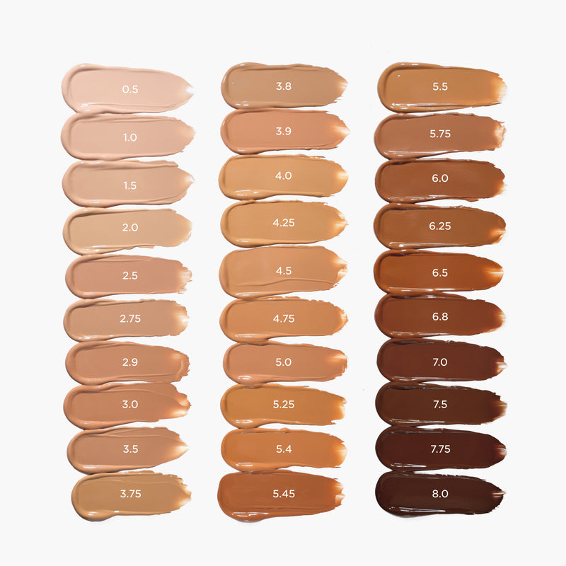 Blanc 0.5 Porcelain 1.0 Porcelain Plus 1.5 Fair 2.0 Fair Plus 2.5 Fair Golden 2.75 Fair Beige 2.9 Light 3.0 Light Plus 3.5 Light Golden 3.75 Light Medium 3.8 Light Beige 3.9 Medium 4.0 Medium Golden 4.25 Medium Plus 4.5 Medium Beige 4.75 Tan 5.0 Tan Neutral 5.25 Tan Golden 5.4 Toasted 5.45 Tan Plus 5.5 Tan Beige 5.75 Rich 6.0 Rich Plus 6.5 Rich Golden 6.25 Rich Deep 6.8 Deep 7.0 Deep Plus 7.5 Deep Dark 7.75 Ebony 8.0
