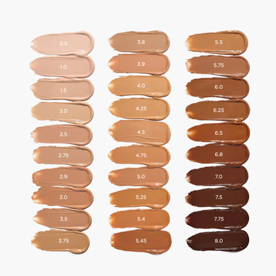 Blanc 0.5 Porcelain 1.0 Porcelain Plus 1.5 Fair 2.0 Fair Plus 2.5 Fair Golden 2.75 Fair Beige 2.9 Light 3.0 Light Plus 3.5 Light Golden 3.75 Light Medium 3.8 Light Beige 3.9 Medium 4.0 Medium Golden 4.25 Medium Plus 4.5 Medium Beige 4.75 Tan 5.0 Tan Neutral 5.25 Tan Golden 5.4 Toasted 5.45 Tan Plus 5.5 Tan Beige 5.75 Rich 6.0 Rich Plus 6.5 Rich Golden 6.25 Rich Deep 6.8 Deep 7.0 Deep Plus 7.5 Deep Dark 7.75 Ebony 8.0
