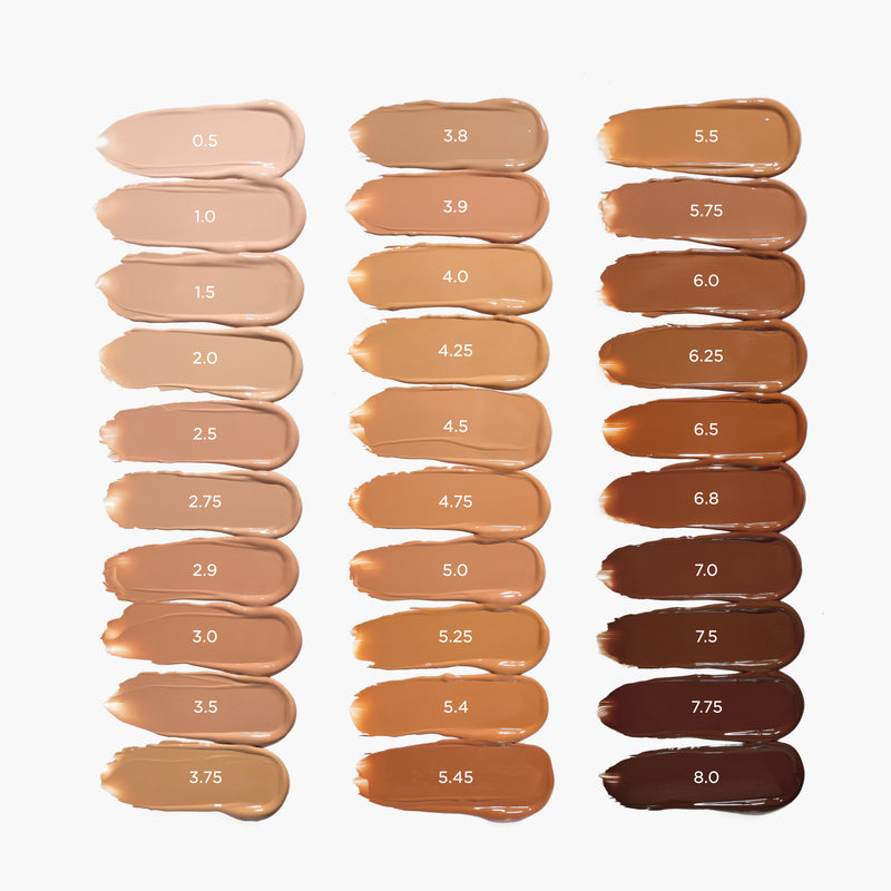 Blanc 0.5 Porcelain 1.0 Porcelain Plus 1.5 Fair 2.0 Fair Plus 2.5 Fair Golden 2.75 Fair Beige 2.9 Light 3.0 Light Plus 3.5 Light Golden 3.75 Light Medium 3.8 Light Beige 3.9 Medium 4.0 Medium Golden 4.25 Medium Plus 4.5 Medium Beige 4.75 Tan 5.0 Tan Neutral 5.25 Tan Golden 5.4 Toasted 5.45 Tan Plus 5.5 Tan Beige 5.75 Rich 6.0 Rich Plus 6.5 Rich Golden 6.25 Rich Deep 6.8 Deep 7.0 Deep Plus 7.5 Deep Dark 7.75 Ebony 8.0
