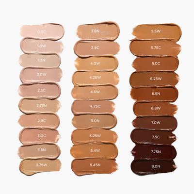 Blanc 0.5C Porcelain 1.0W Porcelain Plus 1.5N Fair 2.0W Fair Plus 2.5C Fair Golden 2.75N Fair Beige 2.9C Light 3.0C Light Plus 3.5N Light Golden 3.75W Light Medium 3.8N Light Beige 3.9C Medium 4.0W Medium Golden 4.25W Medium Plus 4.5W Medium Beige 4.75C Tan 5.0N Tan Neutral 5.25W Toasted 5.45N Tan Plus 5.5W Tan Golden 5.4W Tan Beige 5.75C Rich 6.0C Rich Golden 6.25W Rich Plus 6.5N Rich Deep 6.8W Deep 7.0W Deep Plus 7.5C Deep Dark 7.75N Ebony 8.0N
